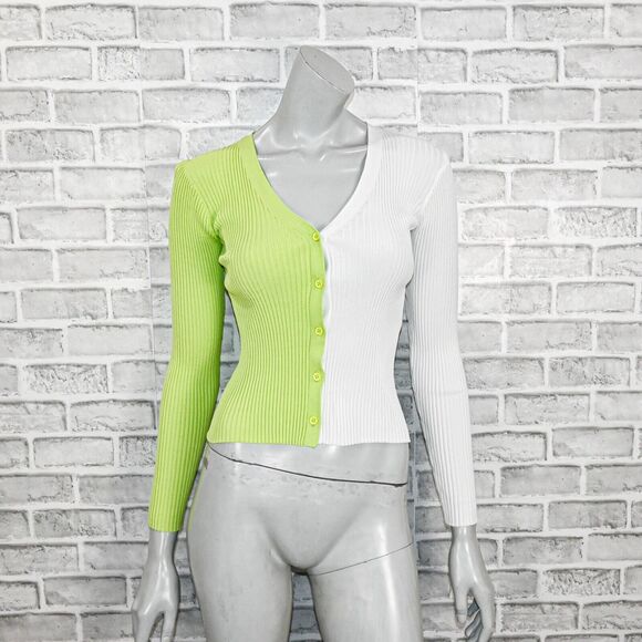 STAUD Women's Cargo Sweater Ribbed cardigan lime white colorblock - Picture 1 of 7